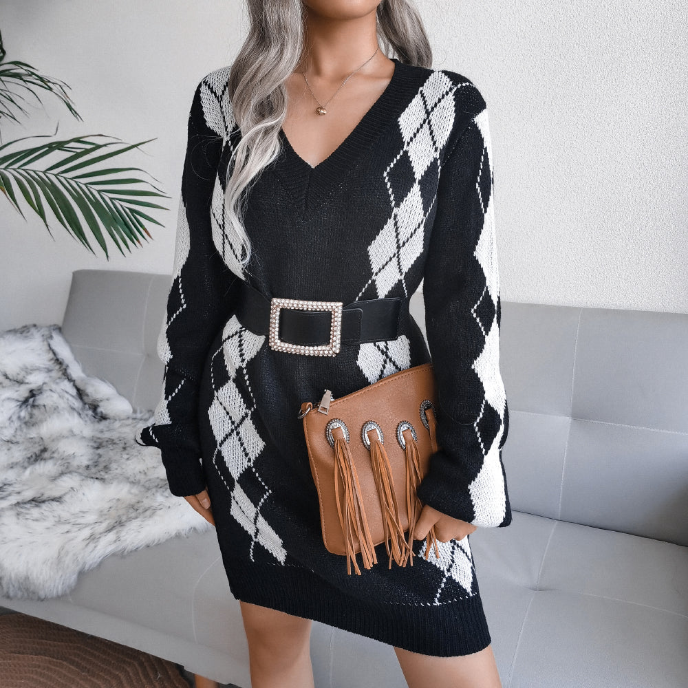 Argyle Two-Tone V-Neck Sweater Dress (Belt Not Included)