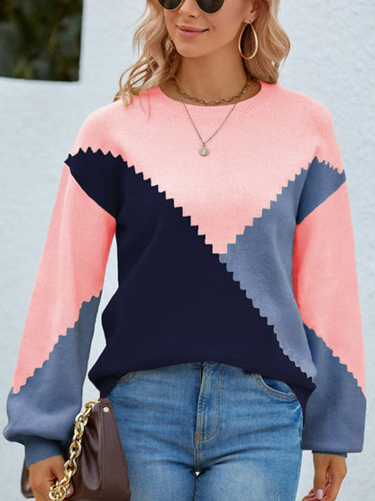 Color Block Round Neck Lantern Sleeve Sweater