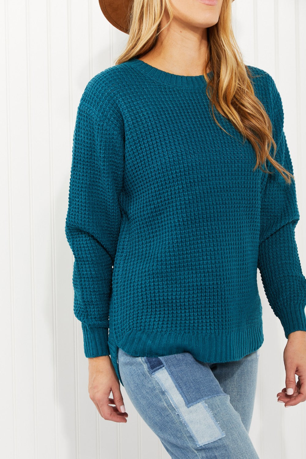 Zenana Autumn is Calling Full Size Waffle Knit Sweater in Teal