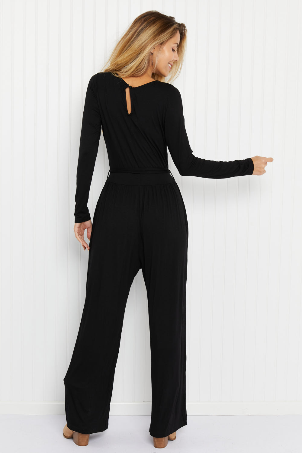 White Birch Lost in Your Eyes Full Size Wide-Leg Jumpsuit in Black