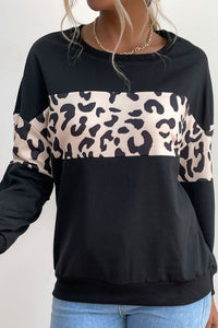 Leopard Color Block Long Sleeve Pullover