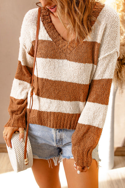 Two-Tone Striped Rib-Knit Sweater