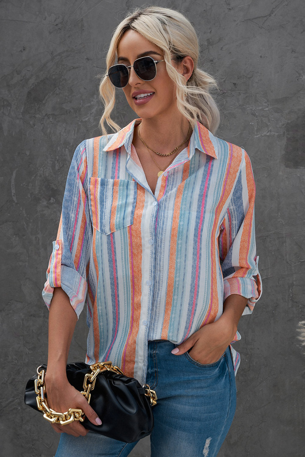 Striped Button-Up Curved Hem Shirt with Breast Pocket