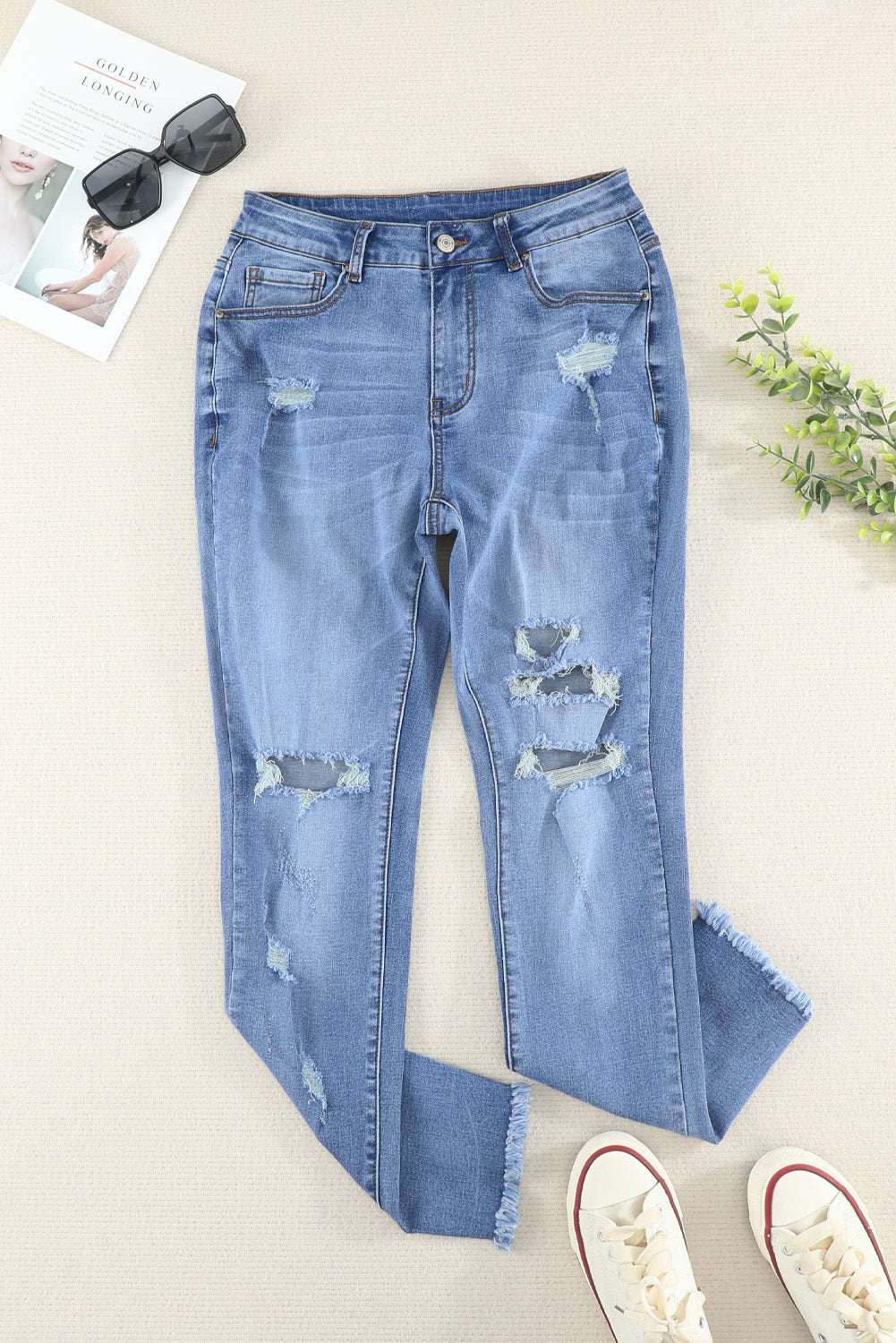 High Waist Frayed Hem Distressed Skinny Jeans