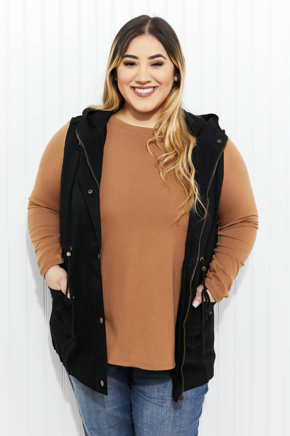 Zenana Autumn Vibes Full Size Hooded Vest in Black