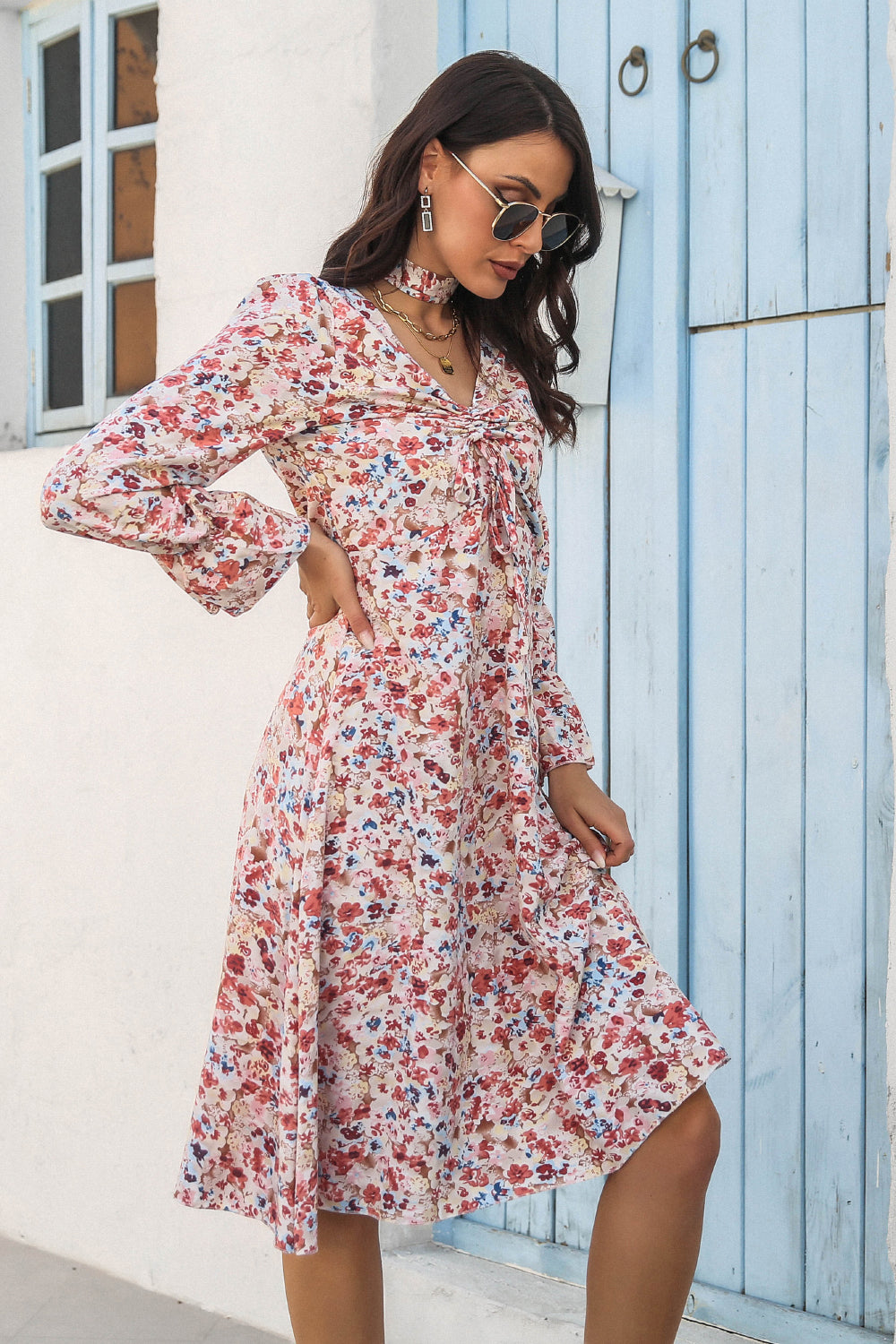 Floral Flounce Cuff Ruched V-Neck Dress