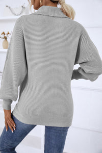 Horizontal-Ribbing Balloon Sleeve Collared Pullover