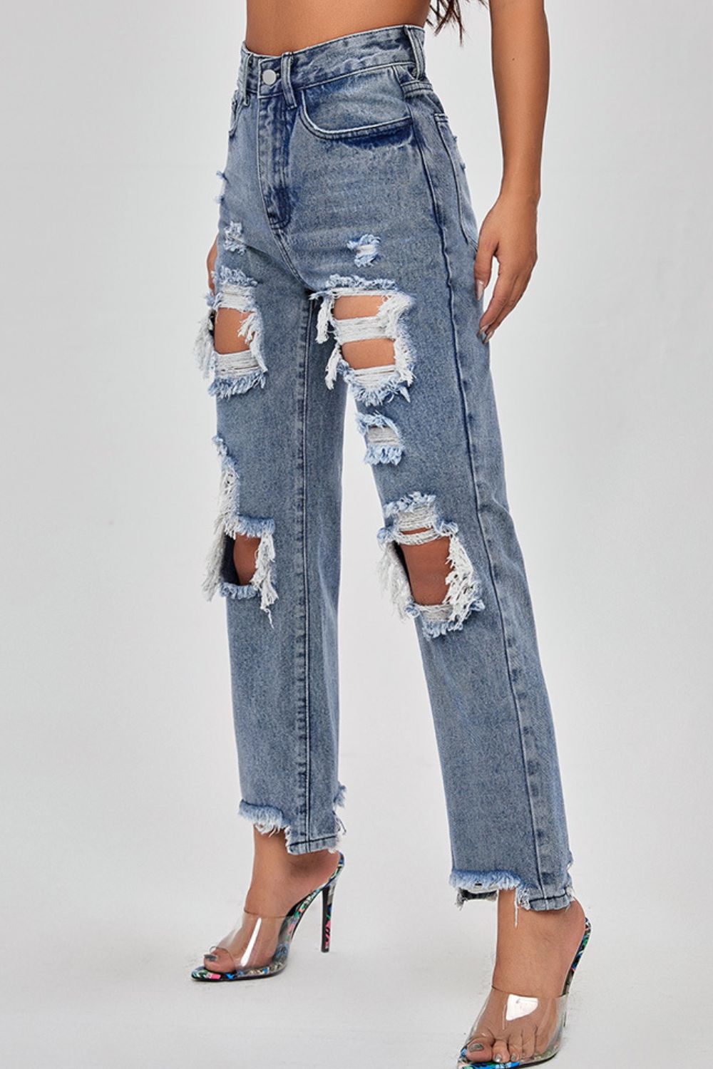 Frayed Hem Distressed Straight Leg Jeans