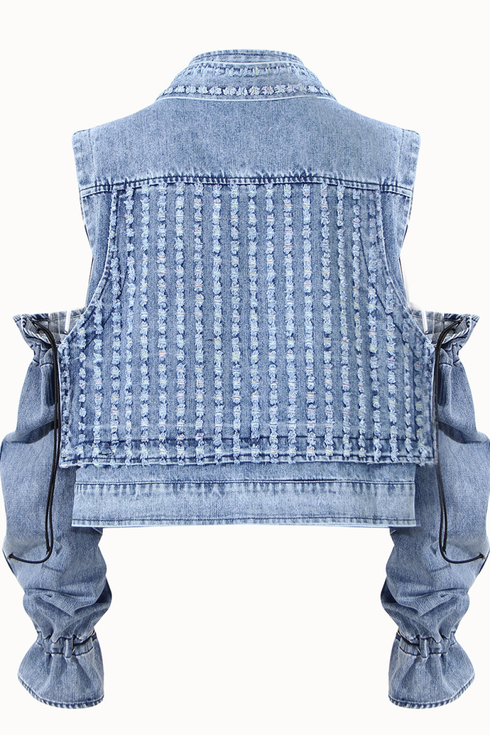 Fringe Detail Cold Shoulder Convertible Denim Jacket