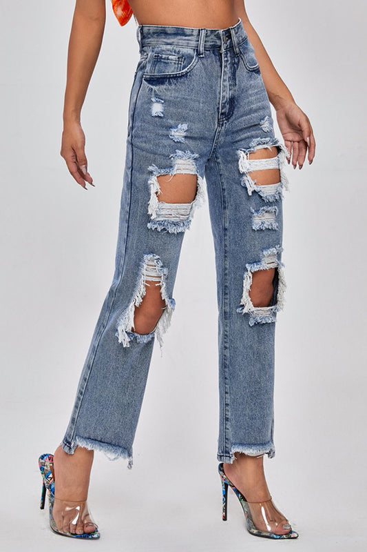 Frayed Hem Distressed Straight Leg Jeans