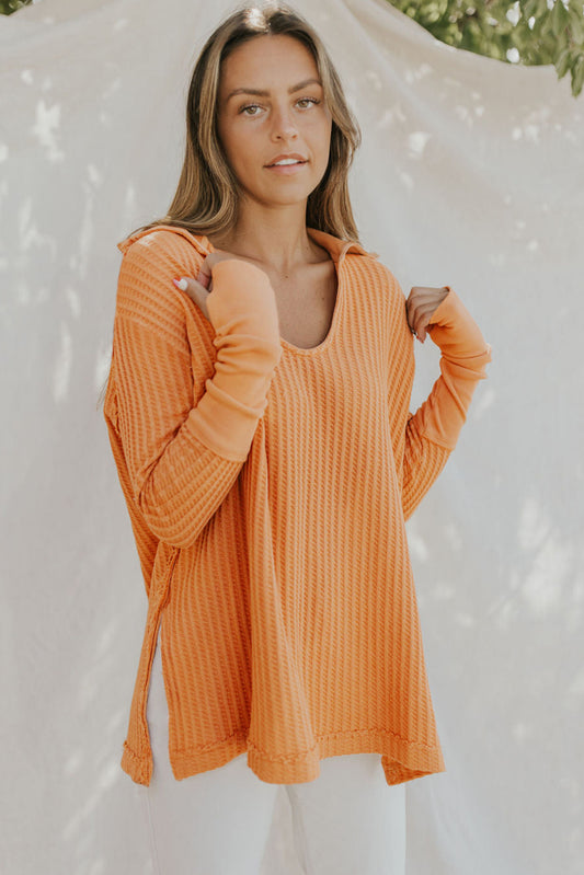 Waffle-Knit Slit Drop Shoulder Top