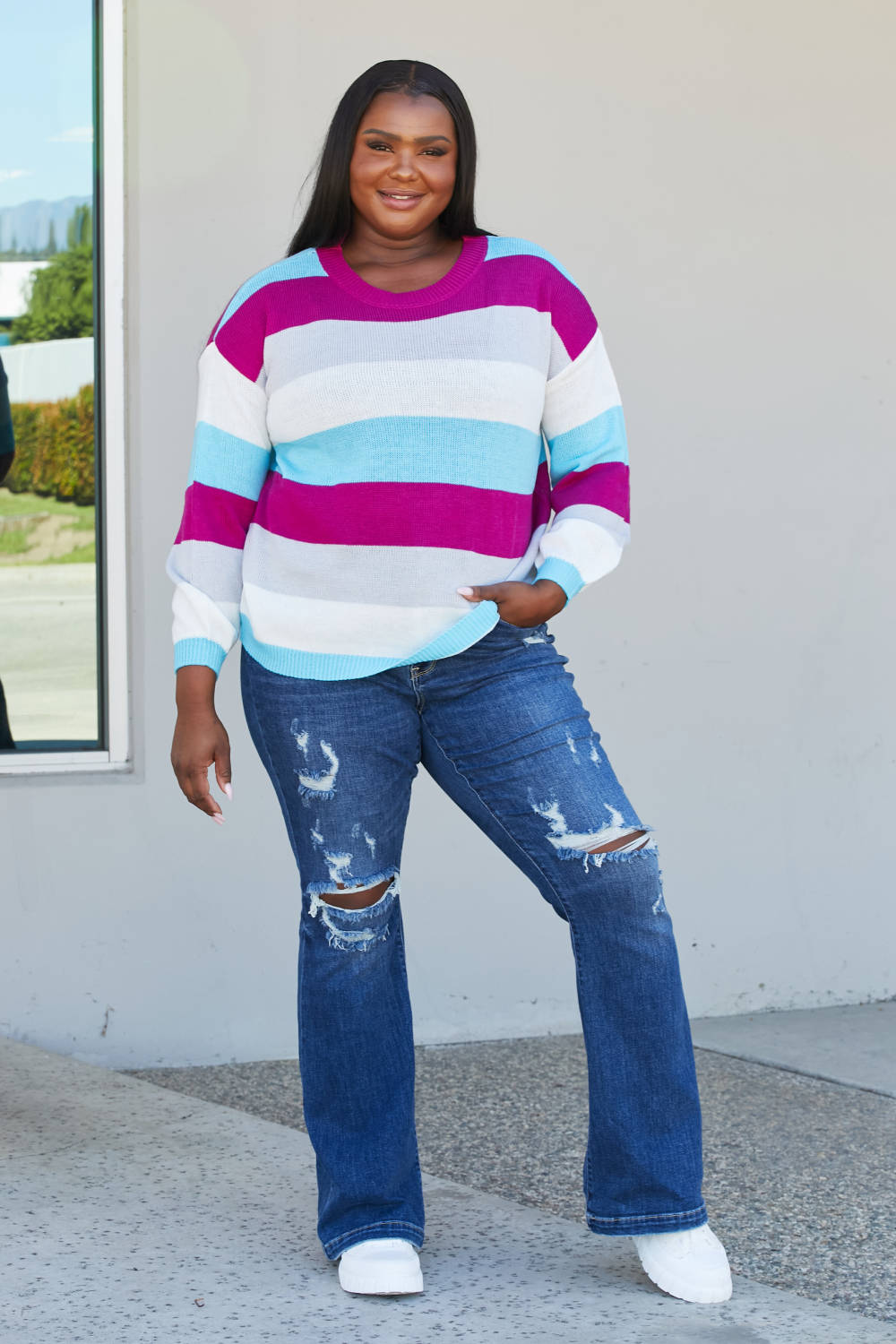 Sew In Love Full Size Color Block Round Neck Sweater