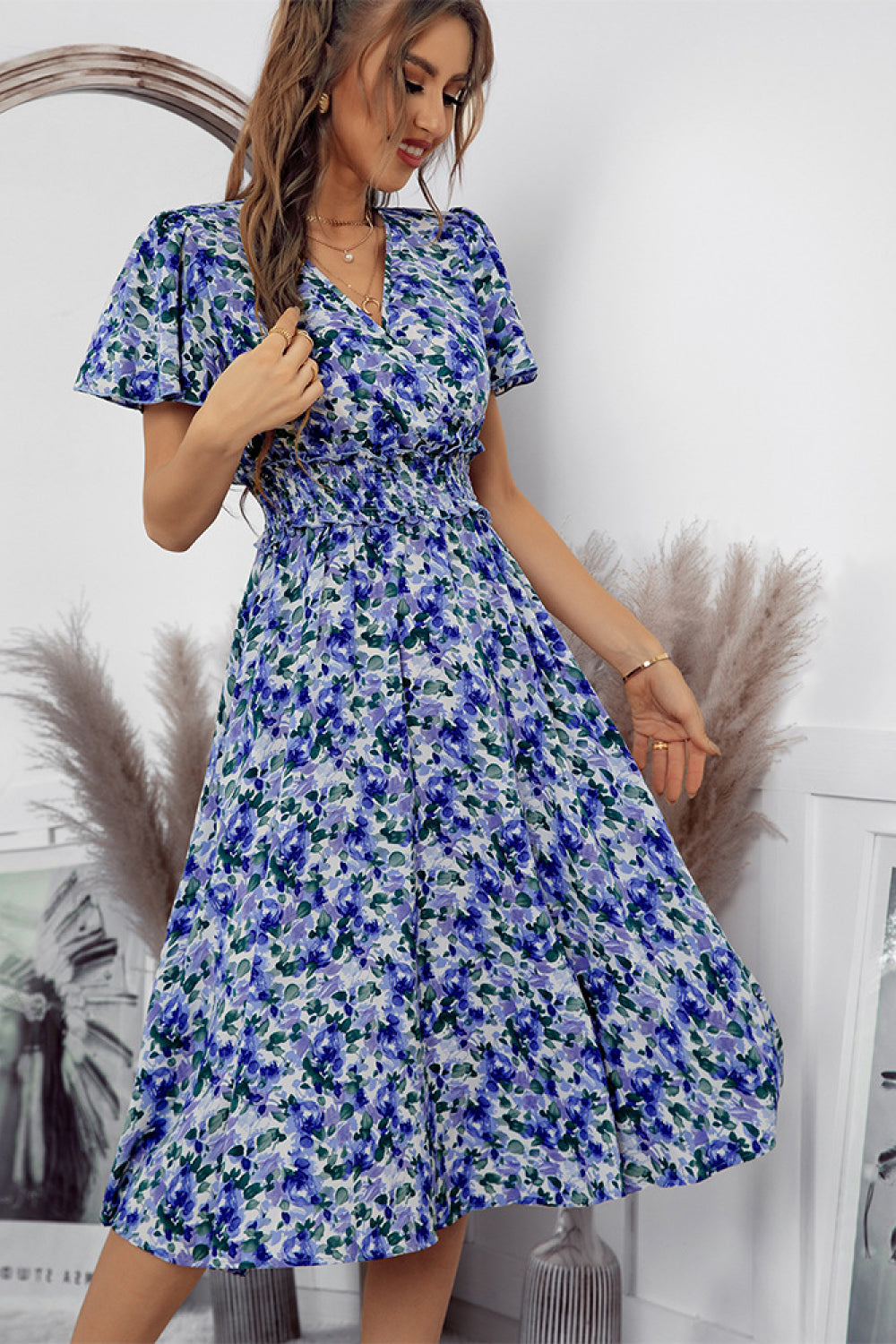 Floral Smocked Waist Surplice Midi Dress