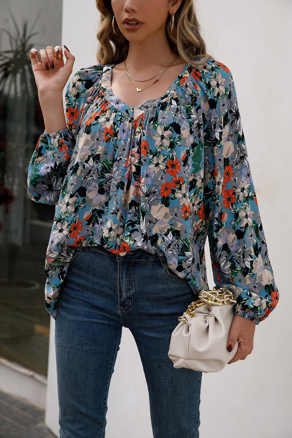 Floral Pleated Detail V-Neck Blouse