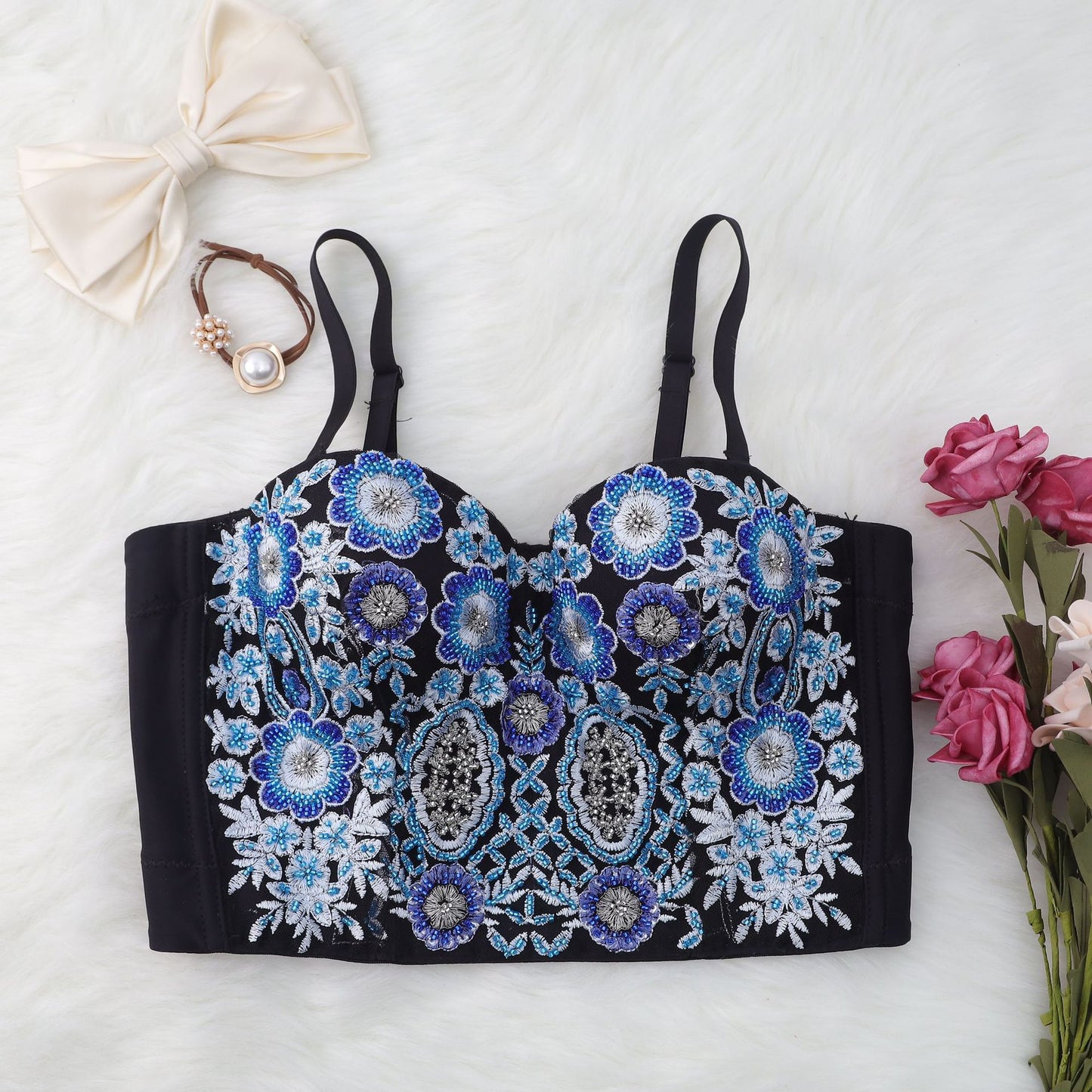 Beaded Floral Spaghetti Strap Bustier