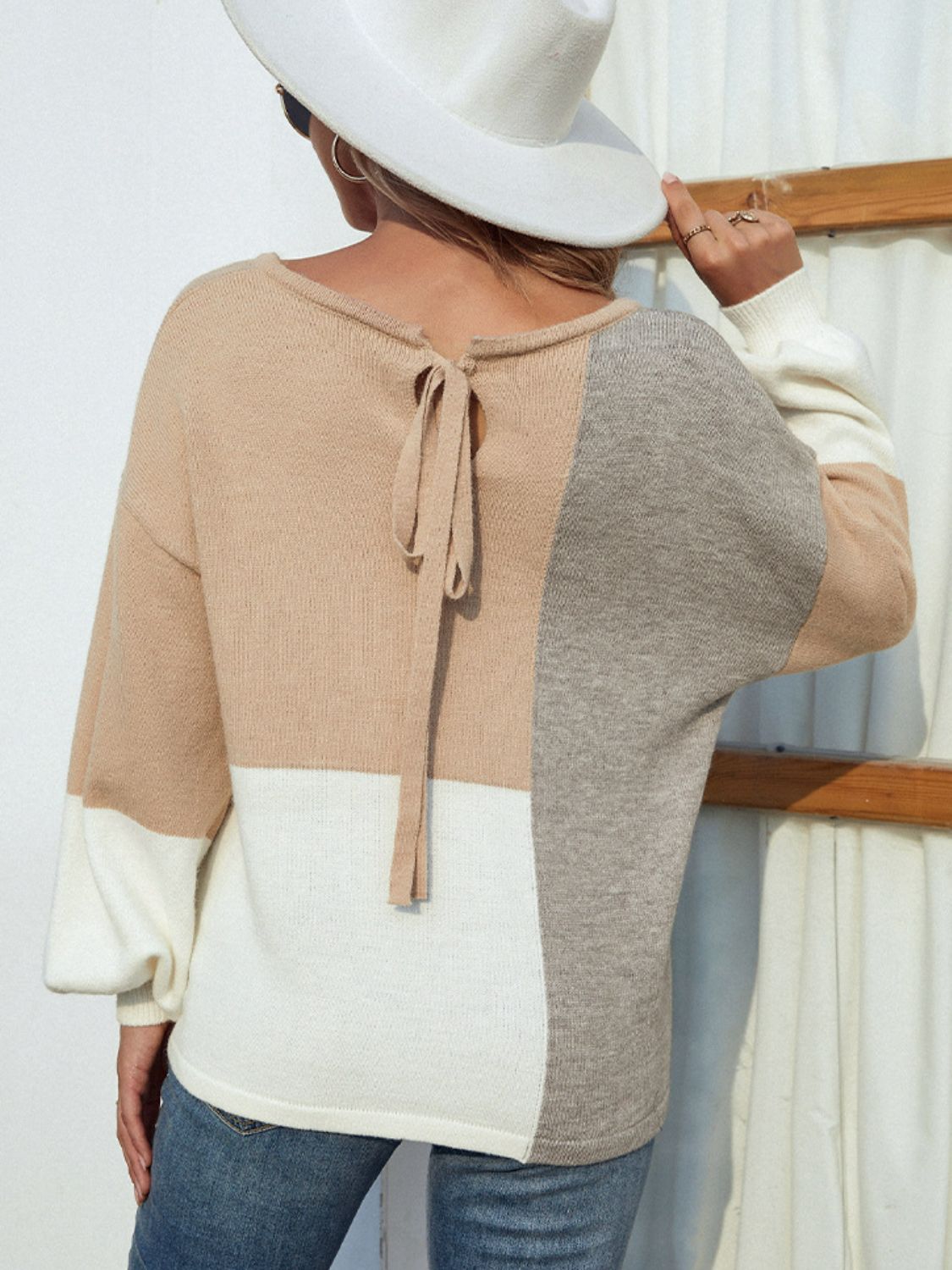 Color Block Tie Back Lantern Sleeve Sweater