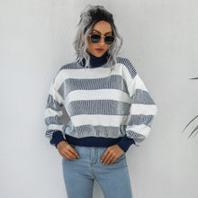 Load image into Gallery viewer, Striped Ribbed Trim Lantern Sleeve Turtleneck Sweater
