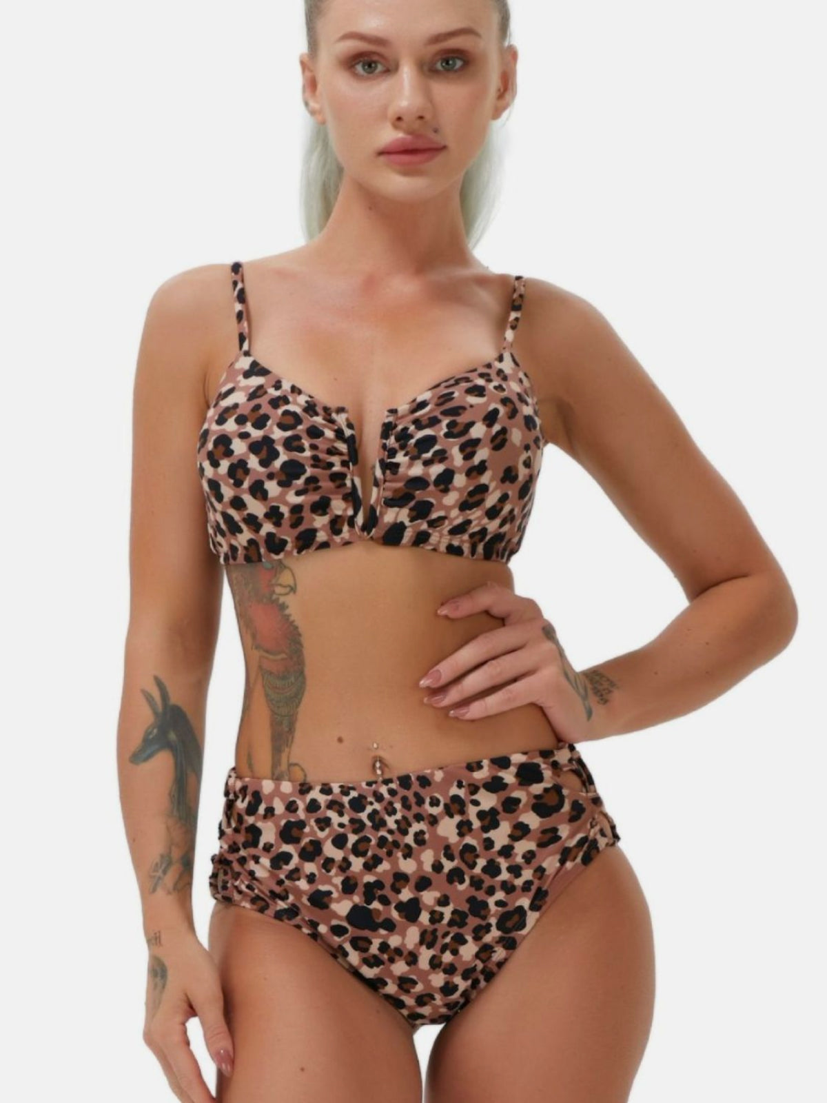 Full Size Run Leopard Lace Up Ruched Bikini Set