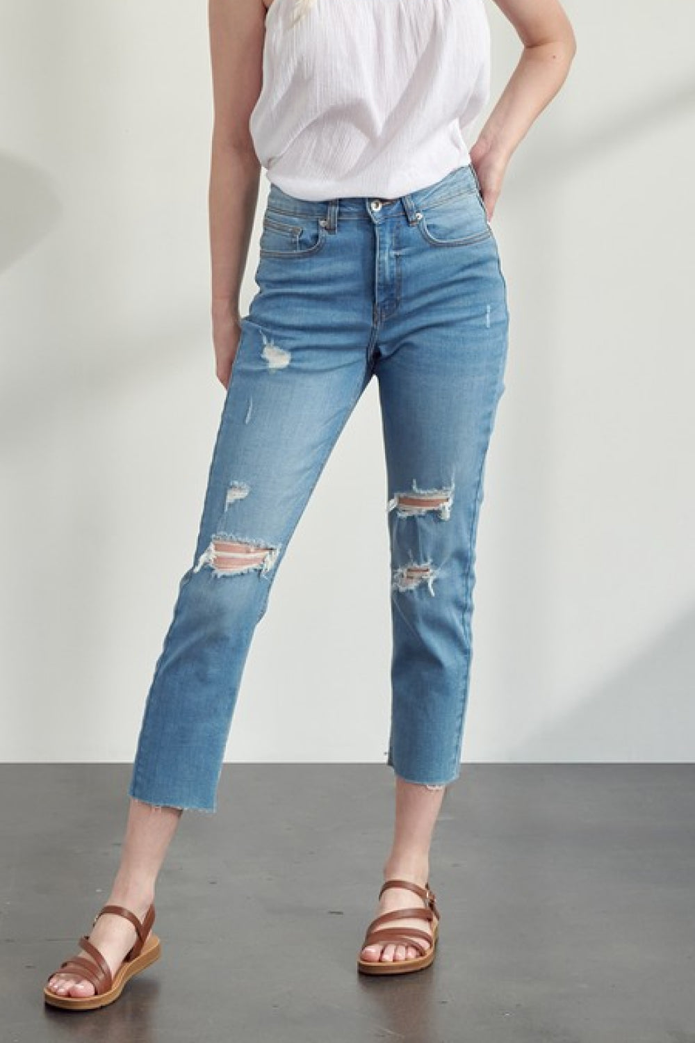 Muselooks Distressed High-Rise Raw Hem Cropped Jeans