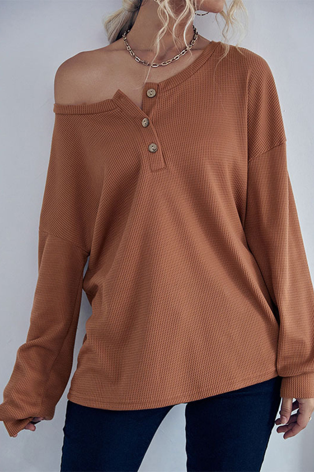 Waffle Knit Long Sleeve Henley