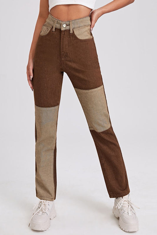 Two-Tone High-Rise Straight Leg Jeans