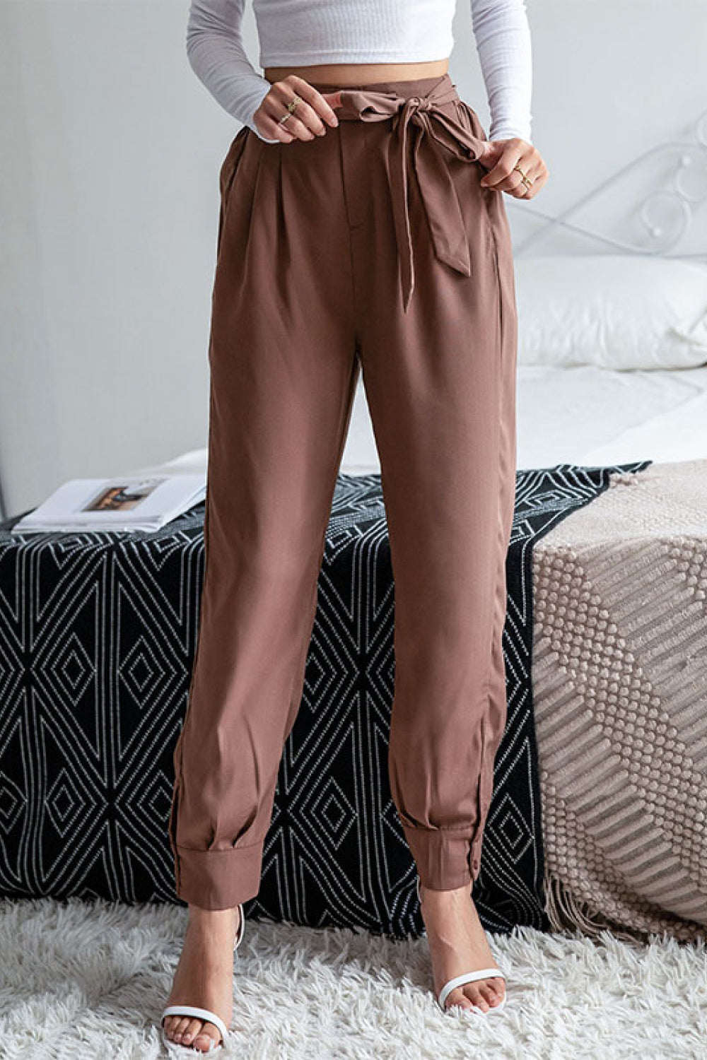 Tie Waist Button Cuff Pants