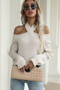 Halter Cold Shoulder Rib-Knit Sweater