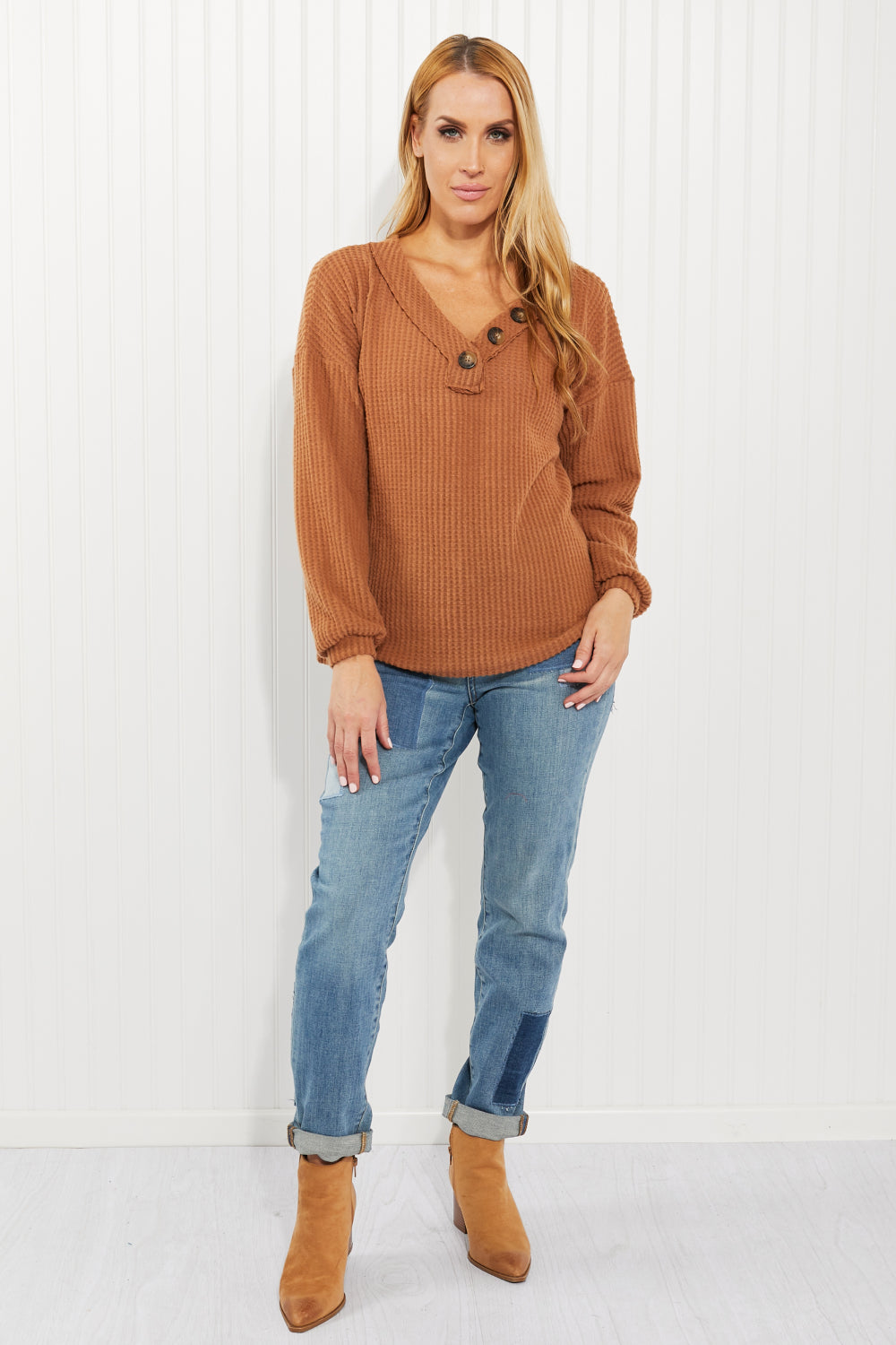 Zenana Apple Dumplings Full Size Brushed Waffle Knit Henley in Deep Camel