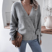 Load image into Gallery viewer, Rib-Knit Lantern Sleeve Wrap Sweater
