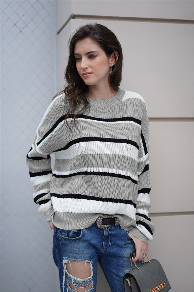 Striped Rib-Knit Round Neck Long Sleeve Sweater