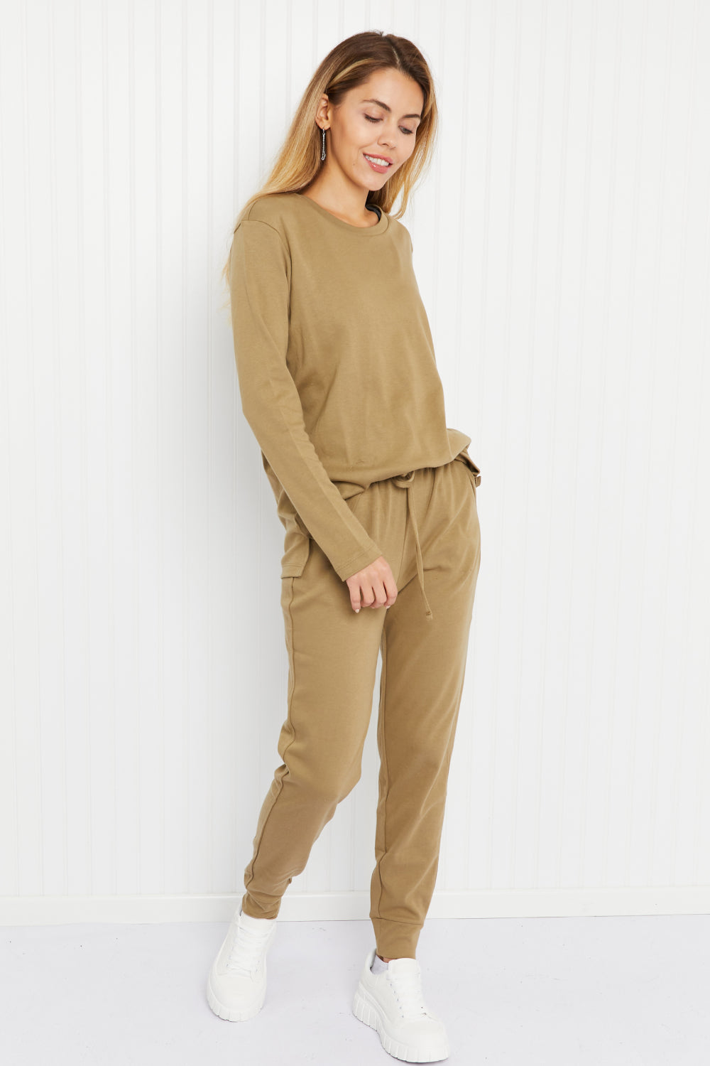 Zenana Comfy and Cozy Full Size Run Lounge Set in Khaki