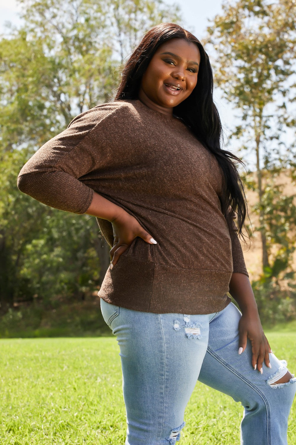 Emerald Collection Making a Move Full Size Ribbed Off-Shoulder Sweater