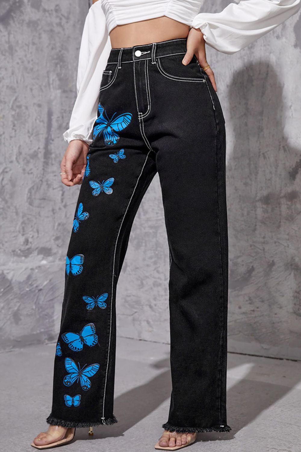 Butterfly Print Raw Hem Straight Leg Jeans