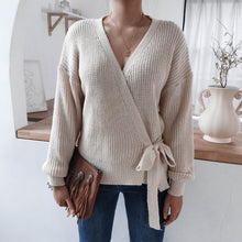 Load image into Gallery viewer, Rib-Knit Lantern Sleeve Wrap Sweater
