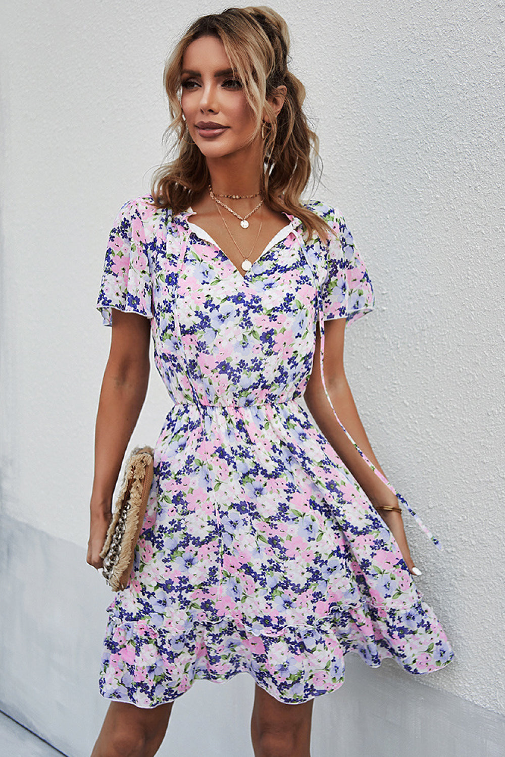 Floral Tie Neck Elastic Waist Mini Dress