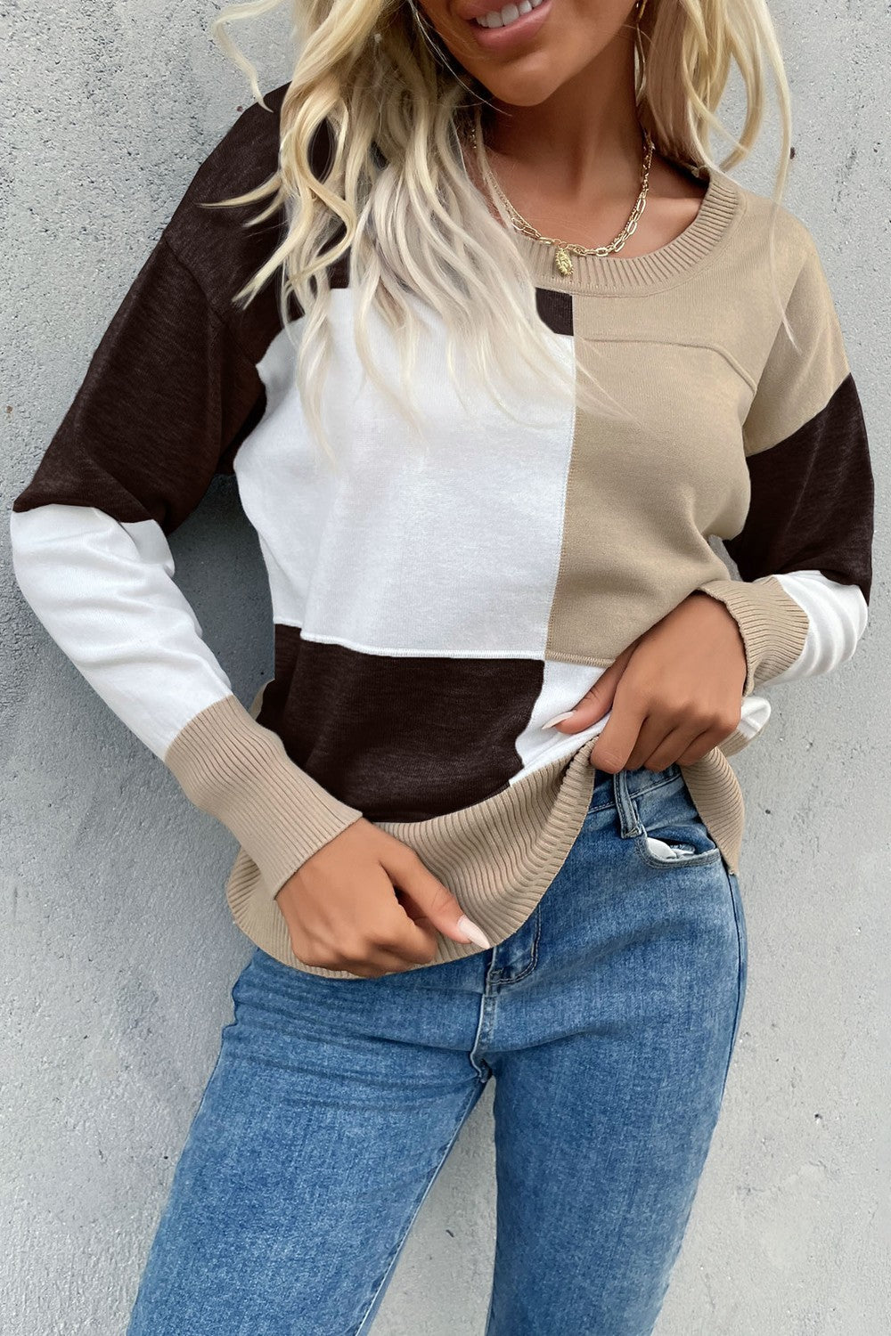 Color Block Ribbed Trim Round Neck Knit Pullover