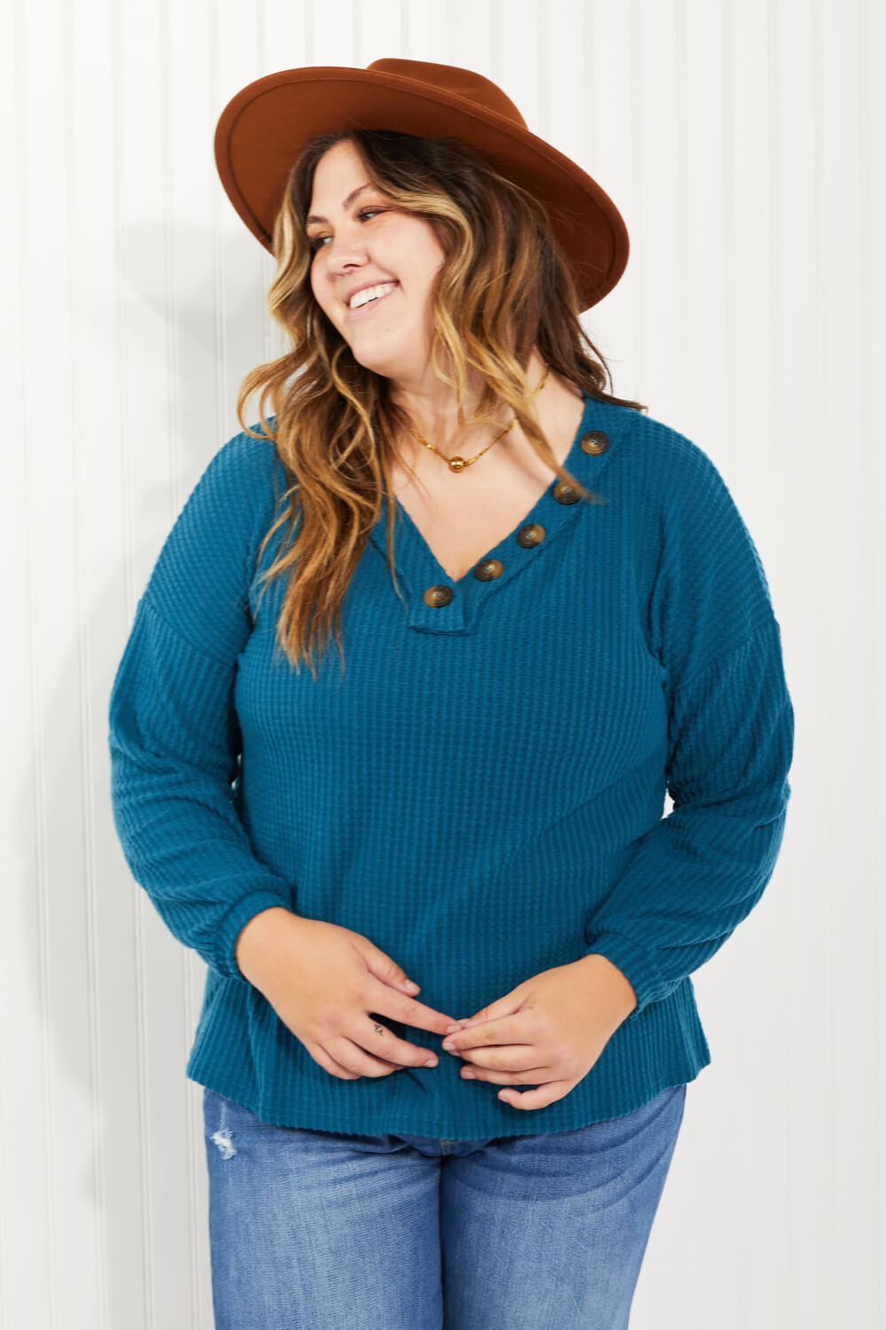 Zenana Full Size Brushed Waffle Knit Henley in Teal