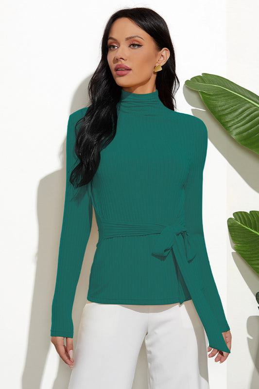 Tie Waist Mock Neck Sweater