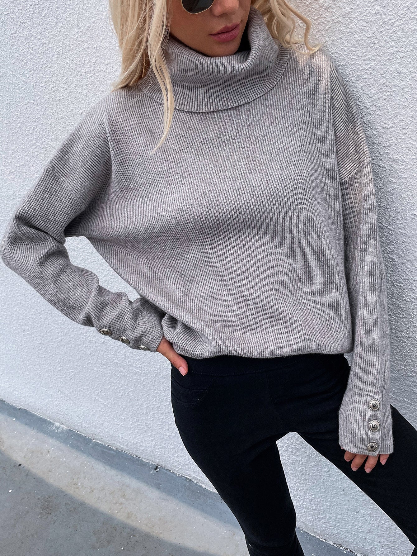 Button Detail Rib-Knit Turtleneck Sweater