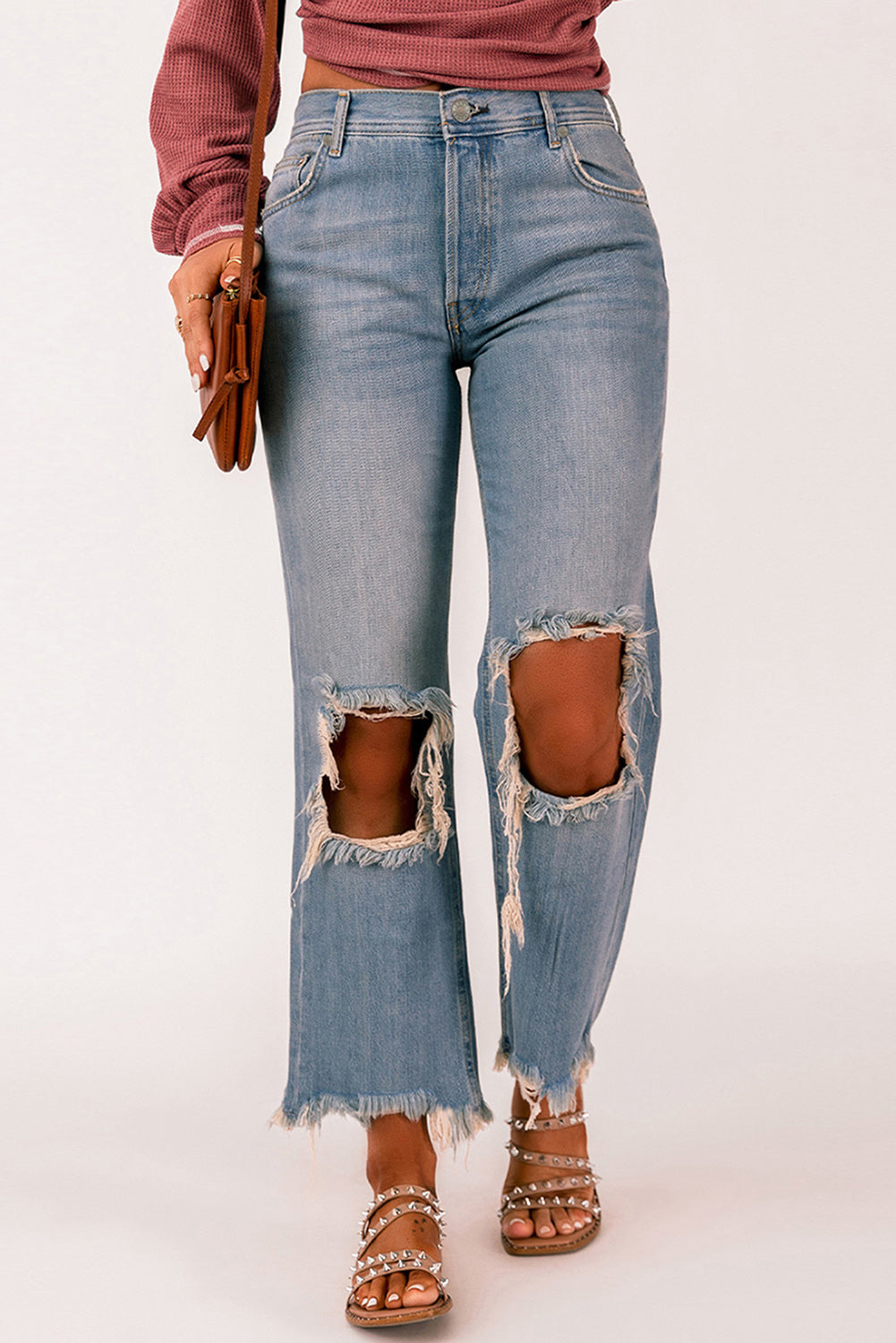 Distressed Frayed Hem Jeans with Pockets