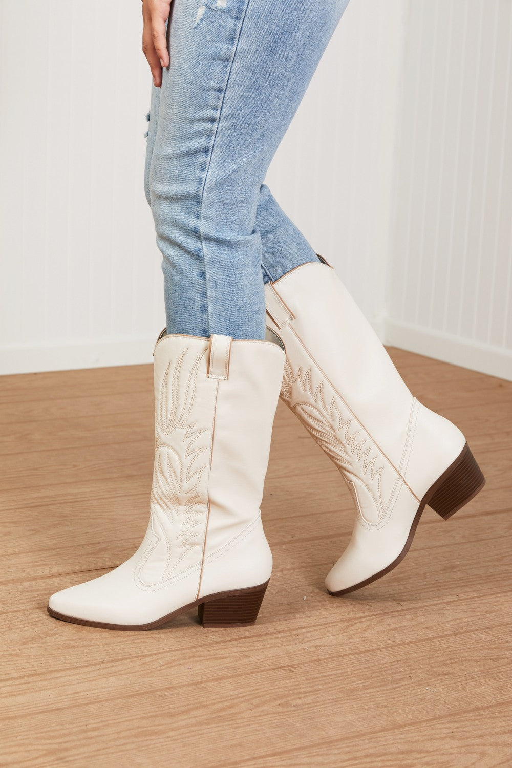 Qupid Mountain Fever Mid-Calf Cowboy Boots in Stone