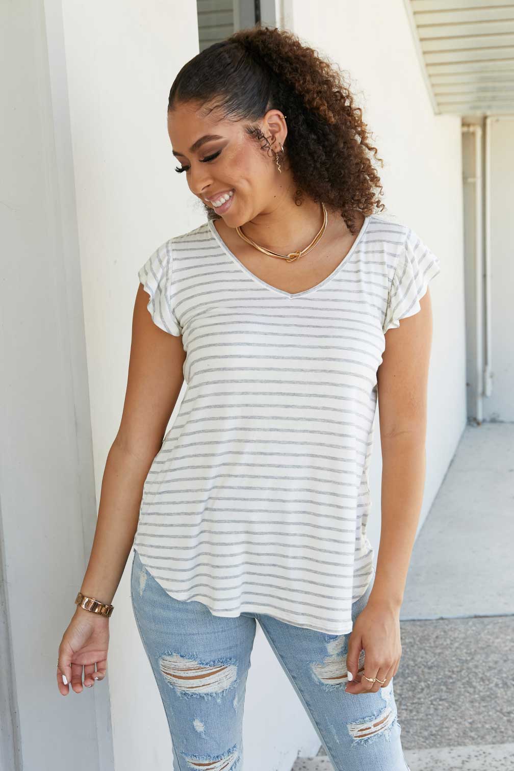 Sew In Love Illuminate the Way Full Size Striped Tee in Heather Grey