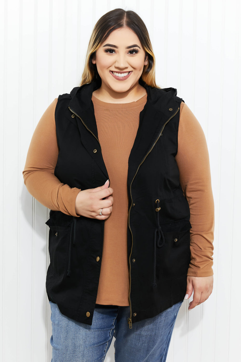 Zenana Autumn Vibes Full Size Hooded Vest in Black