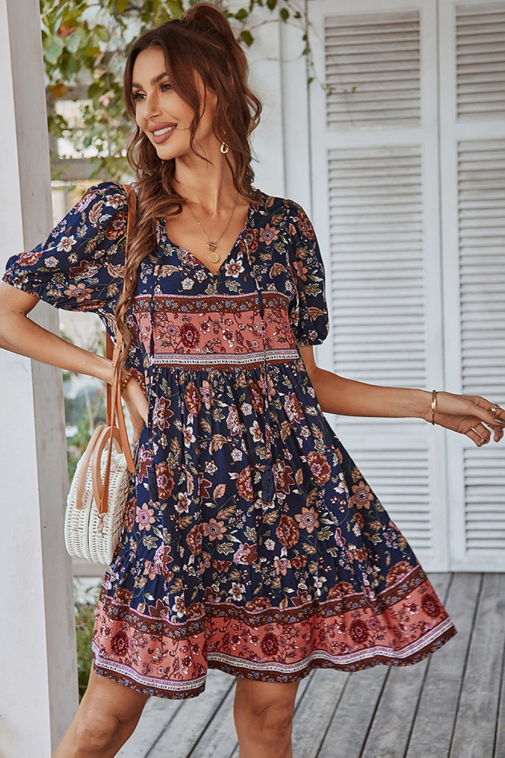 Floral Tie Neck Bohemian Mini Dress