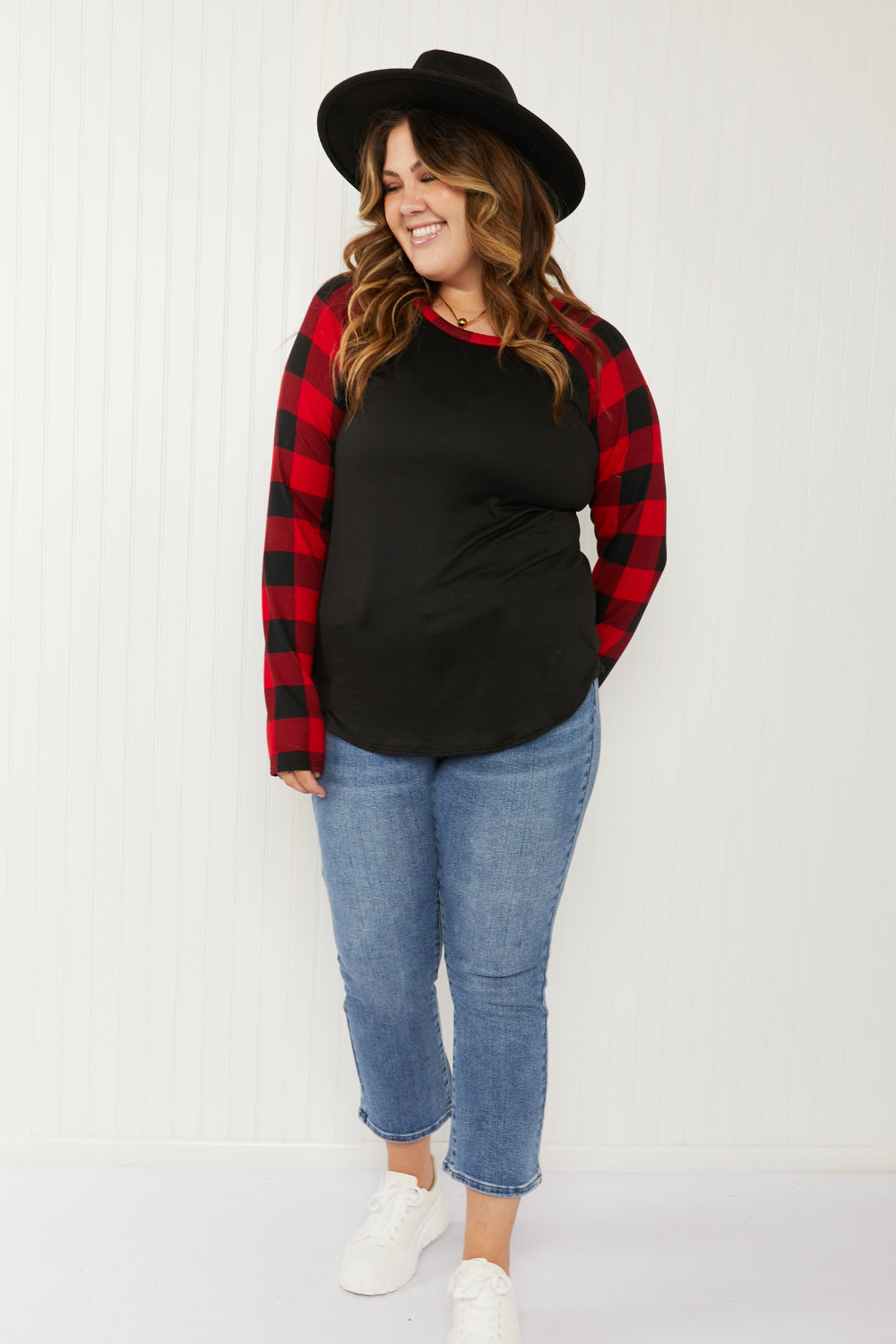 Acting Pro Cabin Weekend Full Size Plaid Contrast Sleeve Top