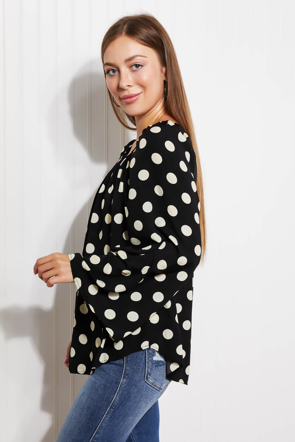 CY Fashion Polka Dot Party Full Size Bell Sleeve Blouse