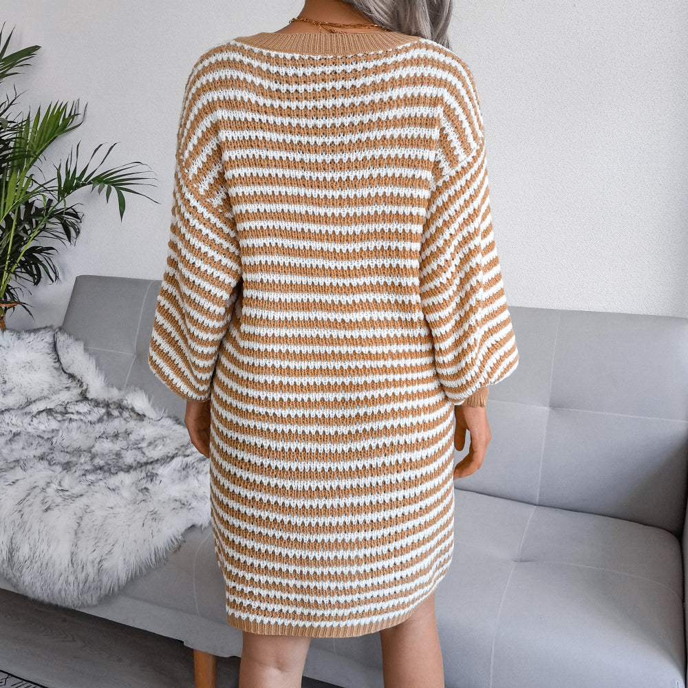 Striped Lantern Sleeve Mini Sweater Dress