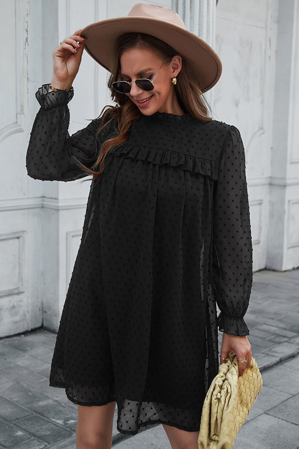 Swiss Dot Frill Trim Long Sleeve Dress