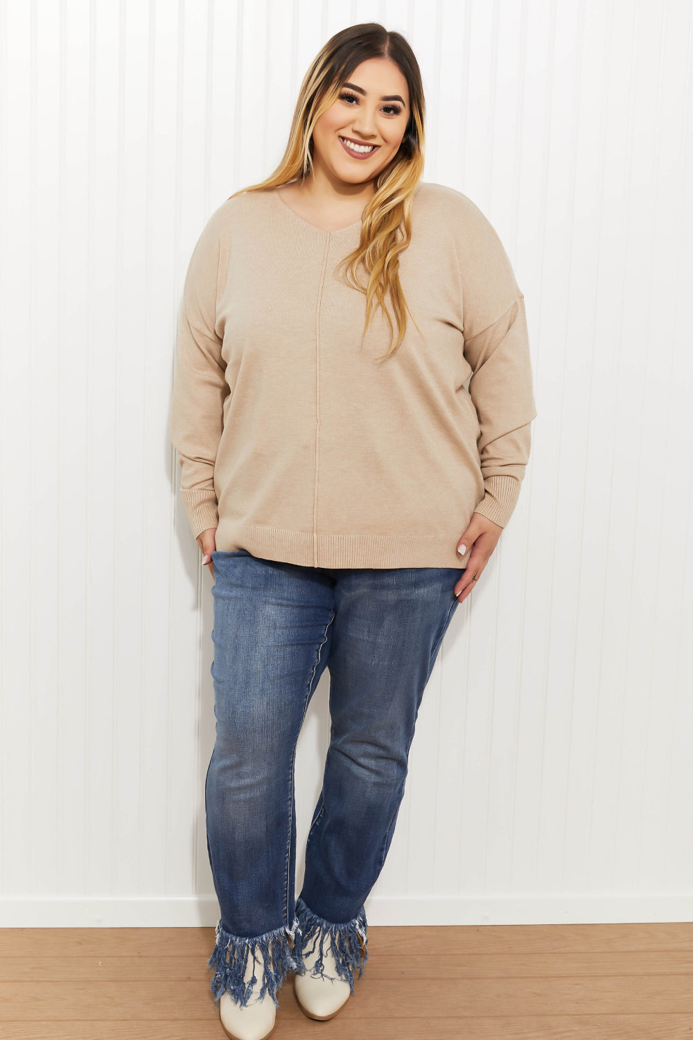 Zenana Hello Fall Full Size Center Seam Sweater in Beige