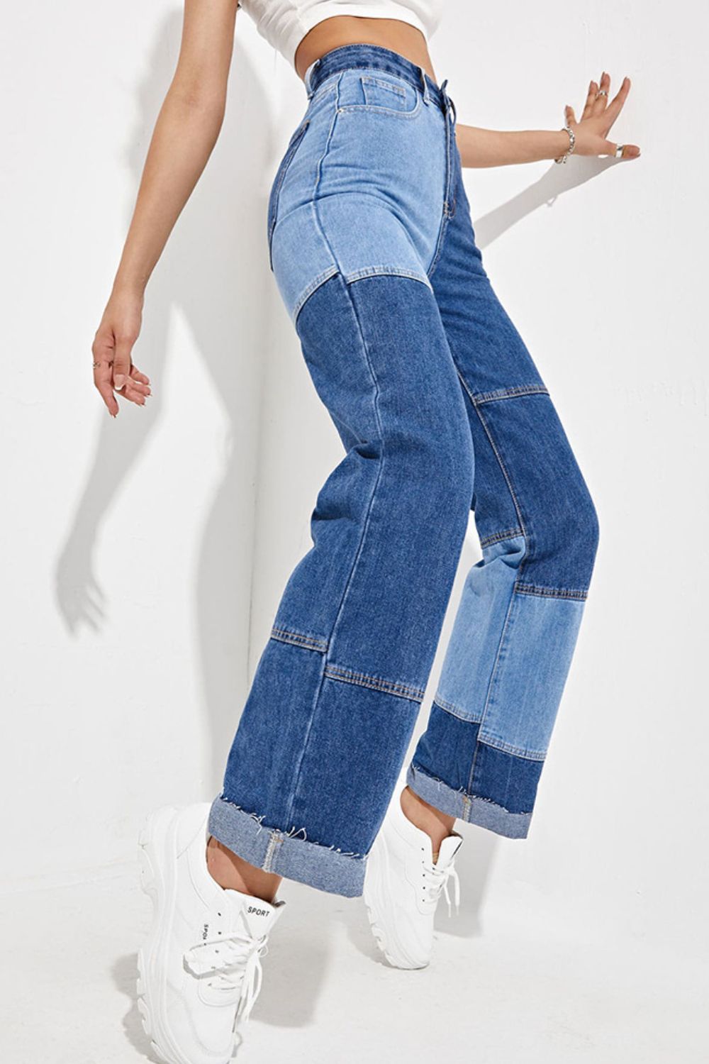 Color Block Raw Hem Straight Leg Jeans